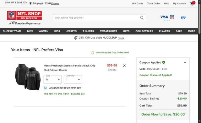 Pittsburgh Steelers checkout page showing Pittsburgh Steelers promo code box | Screenshot taken by SimplyCodes community member on Oct 2, 2025