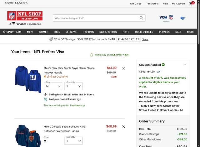 Pittsburgh Steelers checkout page showing Pittsburgh Steelers promo code box | Screenshot taken by SimplyCodes community member on Oct 1, 2025