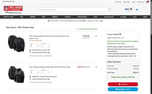 Pittsburgh Steelers checkout page showing Pittsburgh Steelers promo code box | Screenshot taken by SimplyCodes community member on Oct 1, 2025