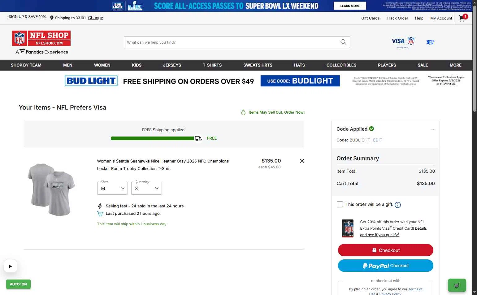 Pittsburgh Steelers checkout page showing Pittsburgh Steelers promo code box | Screenshot taken by SimplyCodes community member on Feb 5, 2026