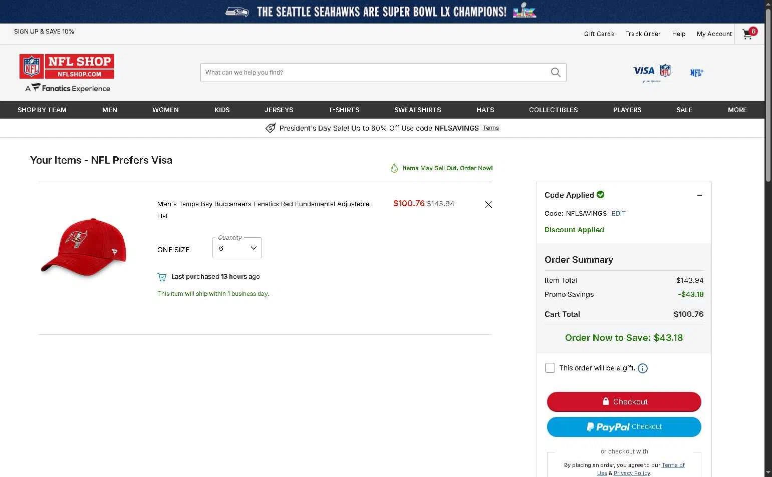 Pittsburgh Steelers checkout page showing Pittsburgh Steelers promo code box | Screenshot taken by SimplyCodes community member on Feb 14, 2026