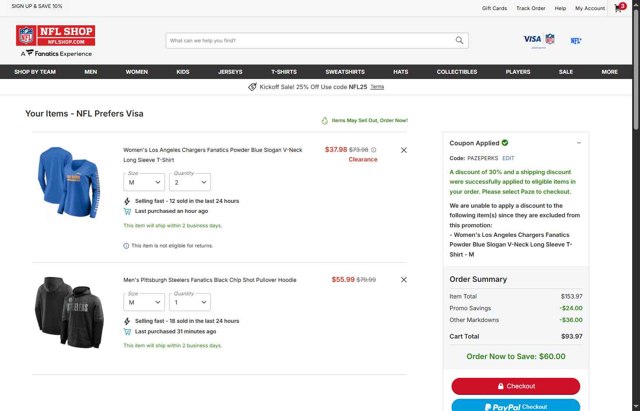 Pittsburgh Steelers checkout page showing Pittsburgh Steelers promo code box | Screenshot taken by SimplyCodes community member on Sep 5, 2025