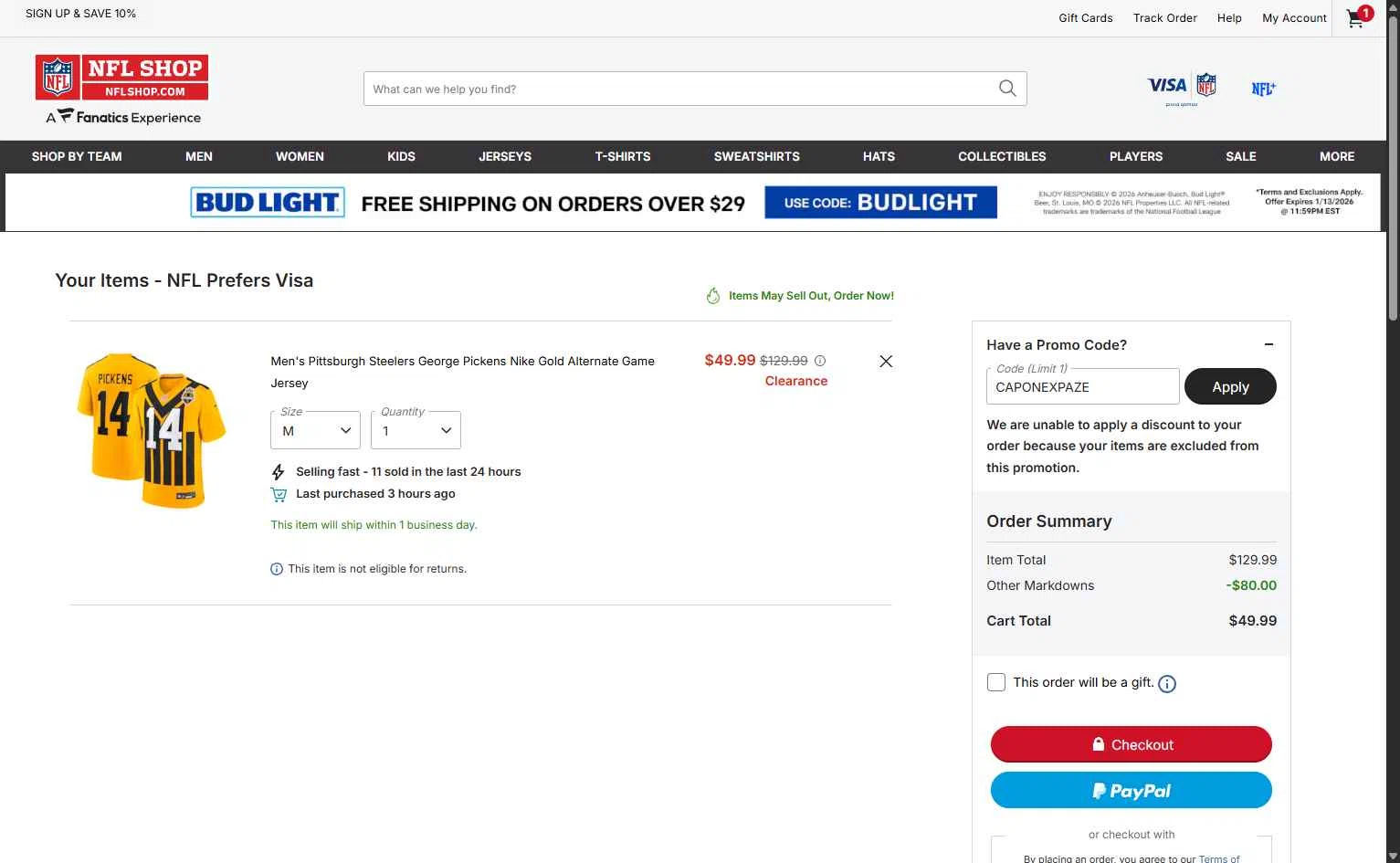 Pittsburgh Steelers checkout page showing Pittsburgh Steelers promo code box | Screenshot taken by SimplyCodes community member on Jan 13, 2026