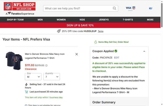 Pittsburgh Steelers checkout page showing Pittsburgh Steelers promo code box | Screenshot taken by SimplyCodes community member on Oct 3, 2025