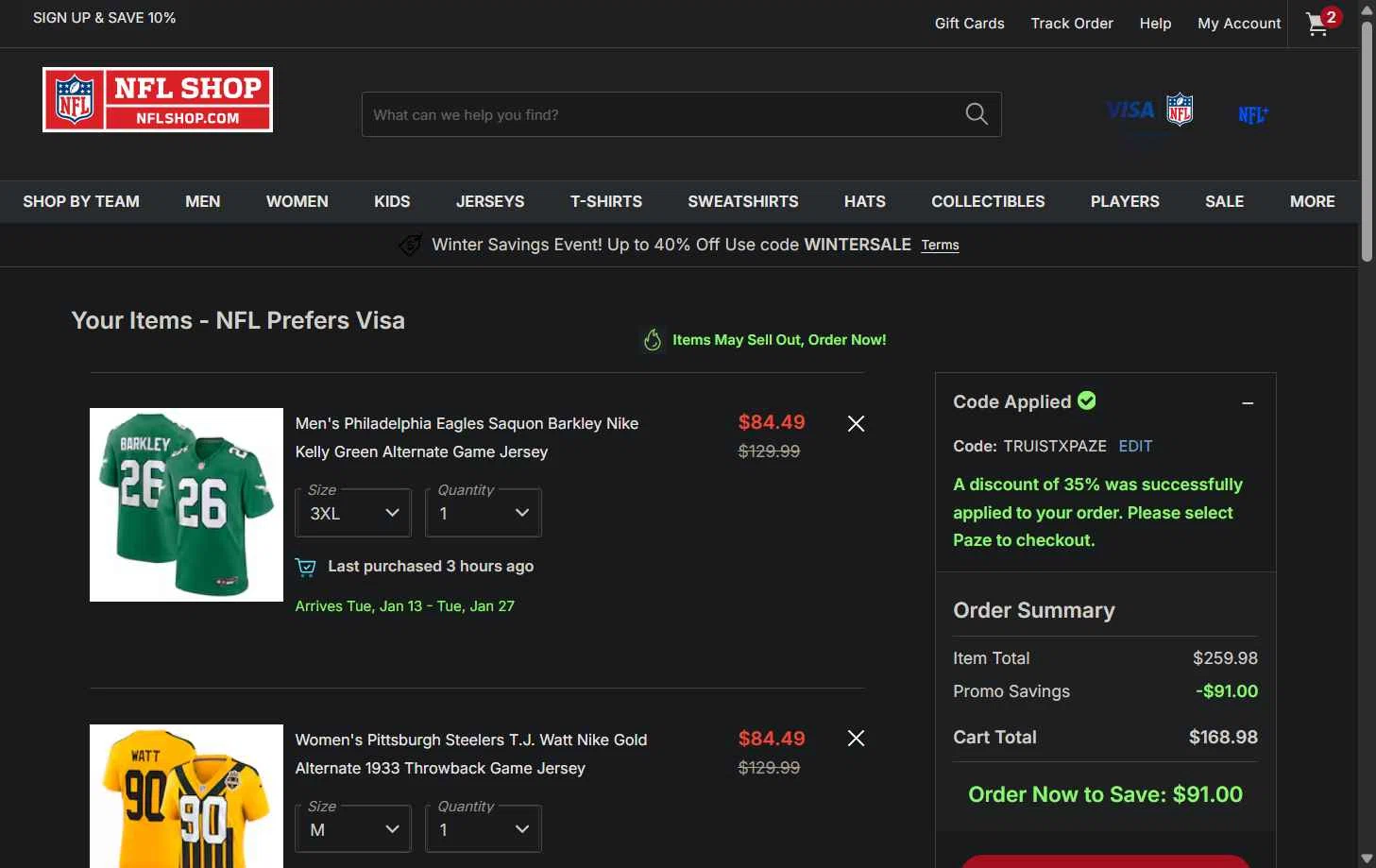 Pittsburgh Steelers checkout page showing Pittsburgh Steelers promo code box | Screenshot taken by SimplyCodes community member on Dec 24, 2025