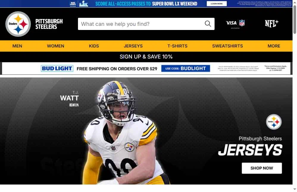 Pittsburgh Steelers checkout page showing Pittsburgh Steelers promo code box | Screenshot taken by SimplyCodes community member on Jan 13, 2026
