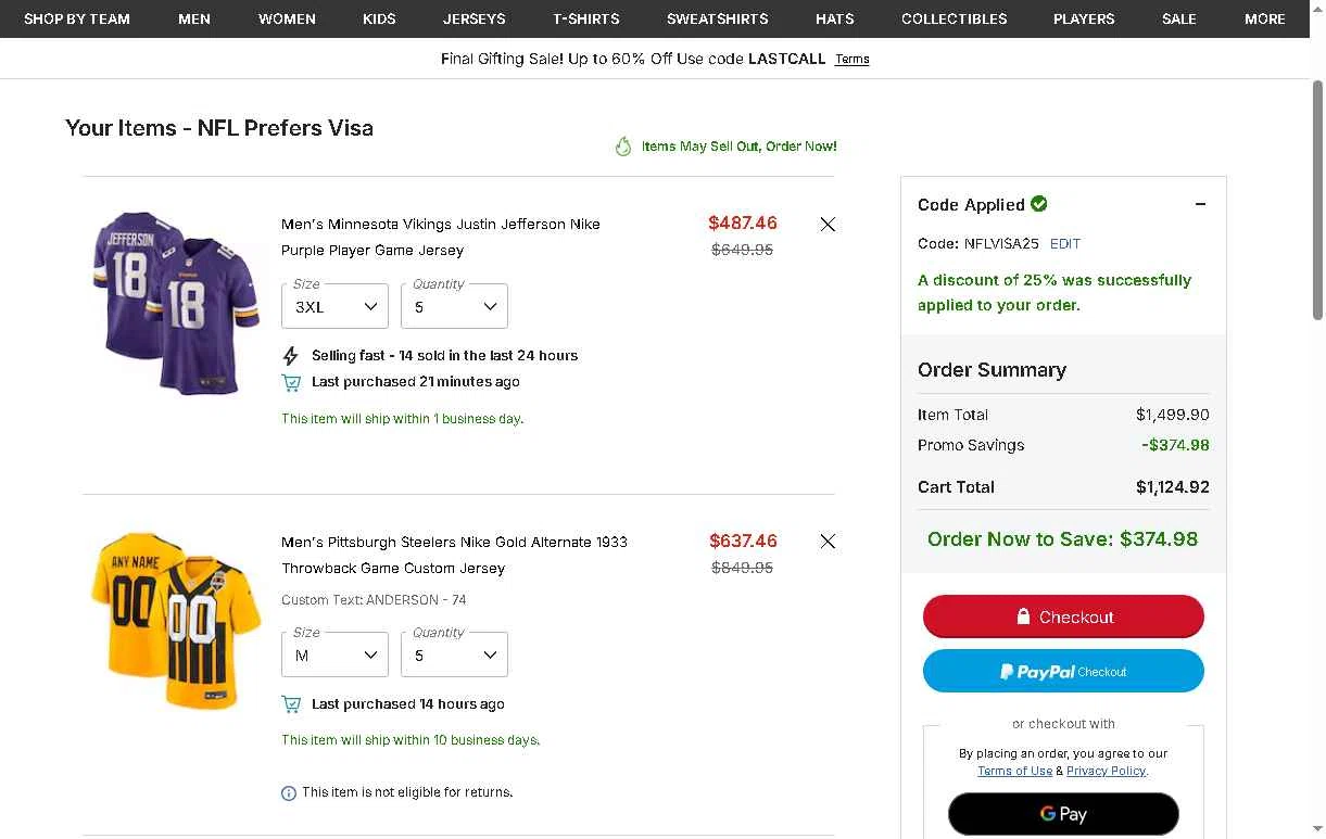 Pittsburgh Steelers checkout page showing Pittsburgh Steelers promo code box | Screenshot taken by SimplyCodes community member on Dec 19, 2025