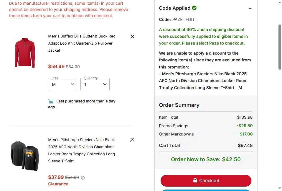 Pittsburgh Steelers checkout page showing Pittsburgh Steelers promo code box | Screenshot taken by SimplyCodes community member on Feb 6, 2026