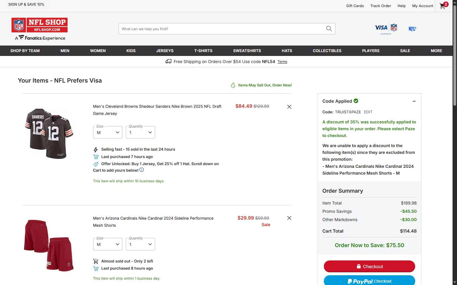 Pittsburgh Steelers checkout page showing Pittsburgh Steelers promo code box | Screenshot taken by SimplyCodes community member on Feb 18, 2026