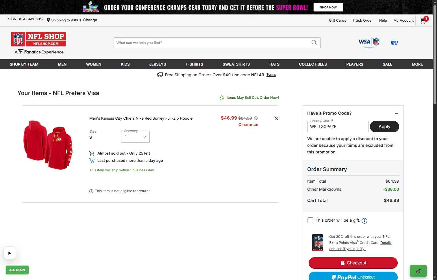 Pittsburgh Steelers checkout page showing Pittsburgh Steelers promo code box | Screenshot taken by SimplyCodes community member on Feb 1, 2026