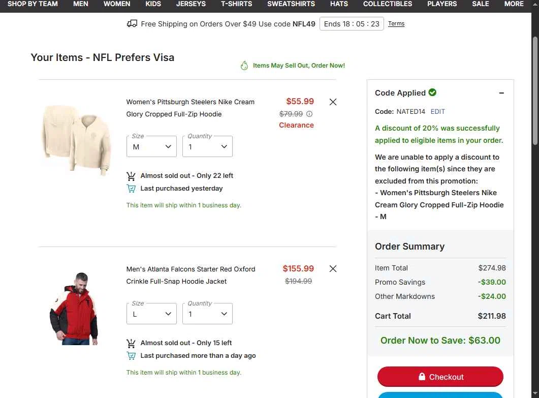 Pittsburgh Steelers checkout page showing Pittsburgh Steelers promo code box | Screenshot taken by SimplyCodes community member on Feb 2, 2026