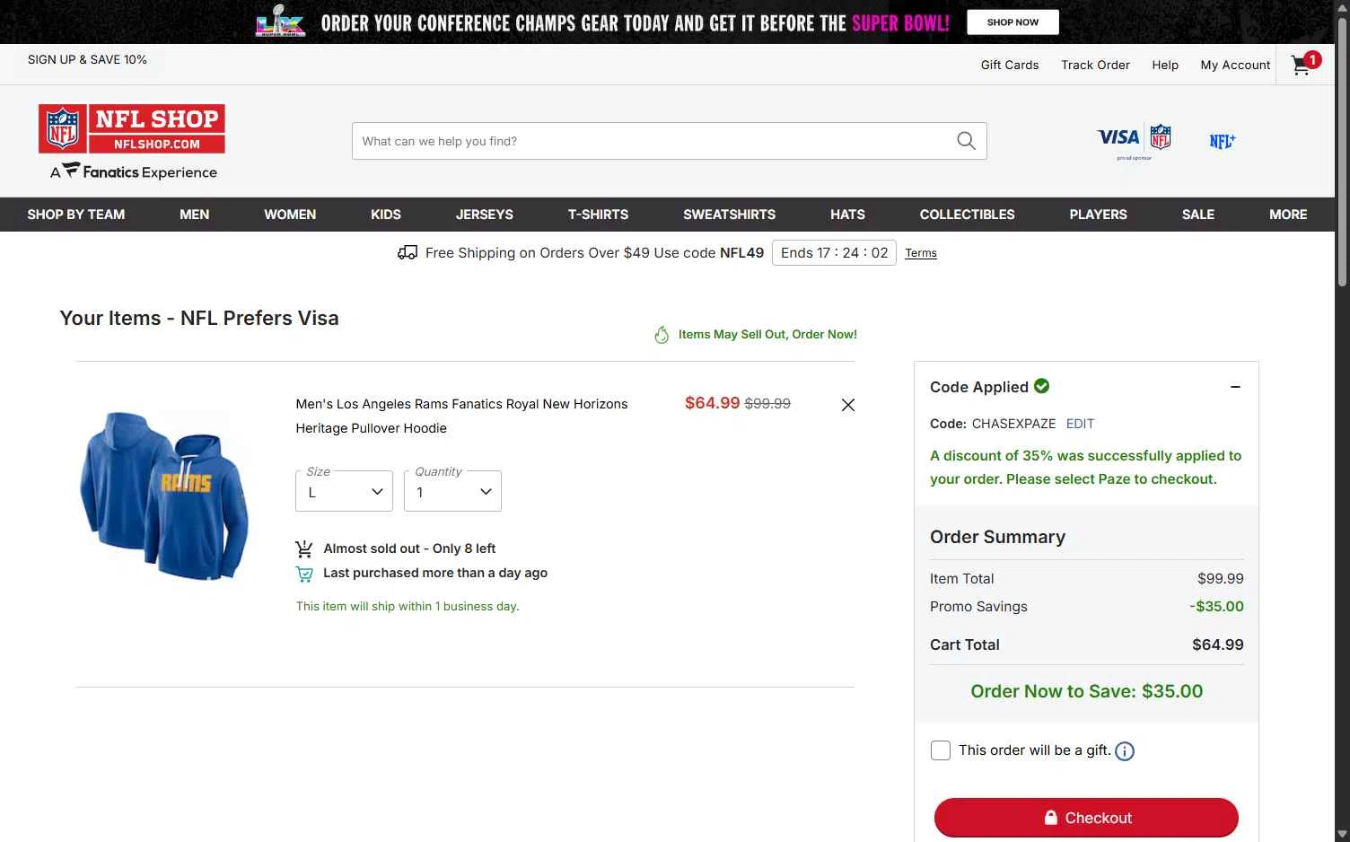 Pittsburgh Steelers checkout page showing Pittsburgh Steelers promo code box | Screenshot taken by SimplyCodes community member on Feb 2, 2026