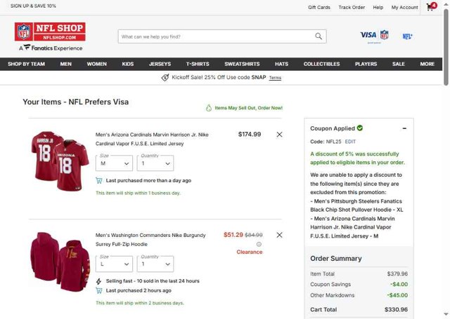 Pittsburgh Steelers checkout page showing Pittsburgh Steelers promo code box | Screenshot taken by SimplyCodes community member on Sep 5, 2025