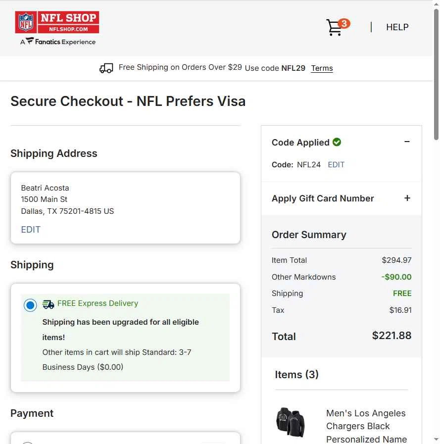 Pittsburgh Steelers checkout page showing Pittsburgh Steelers promo code box | Screenshot taken by SimplyCodes community member on Jan 8, 2026