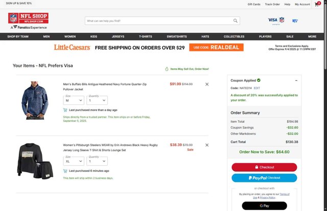 Pittsburgh Steelers checkout page showing Pittsburgh Steelers promo code box | Screenshot taken by SimplyCodes community member on Sep 4, 2025