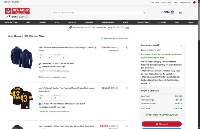 Pittsburgh Steelers checkout page showing Pittsburgh Steelers promo code box | Screenshot taken by SimplyCodes community member on Sep 6, 2025