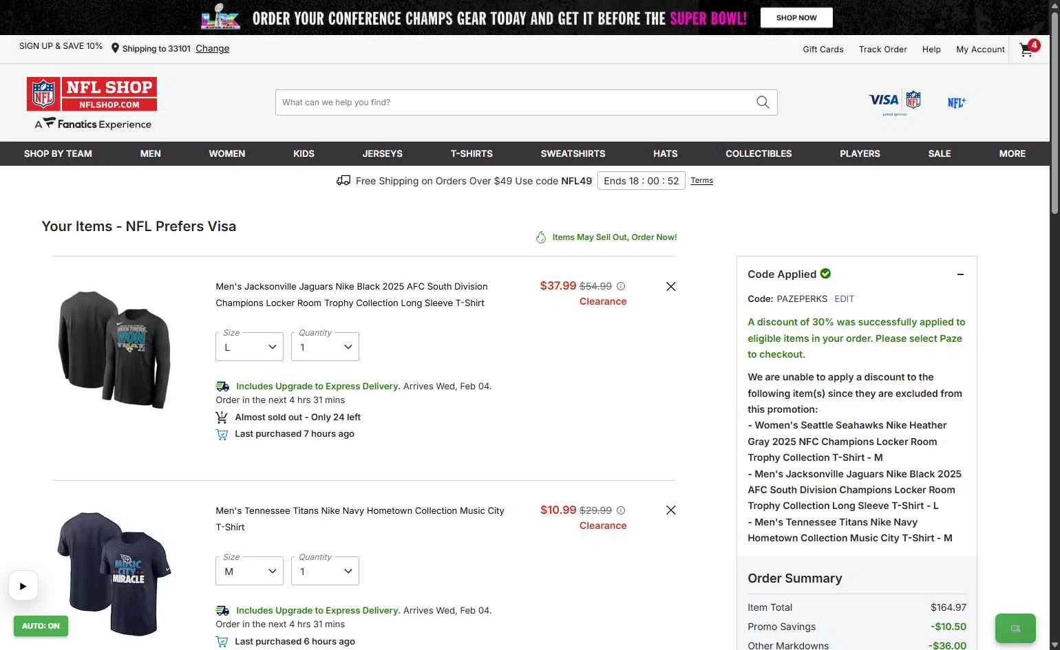 Pittsburgh Steelers checkout page showing Pittsburgh Steelers promo code box | Screenshot taken by SimplyCodes community member on Feb 2, 2026