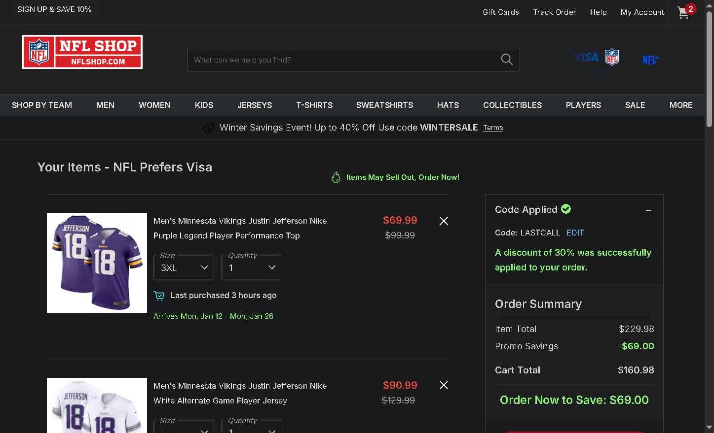 Pittsburgh Steelers checkout page showing Pittsburgh Steelers promo code box | Screenshot taken by SimplyCodes community member on Dec 22, 2025