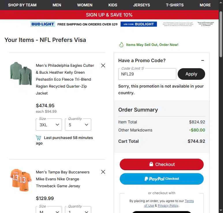 Pittsburgh Steelers checkout page showing Pittsburgh Steelers promo code box | Screenshot taken by SimplyCodes community member on Jan 13, 2026