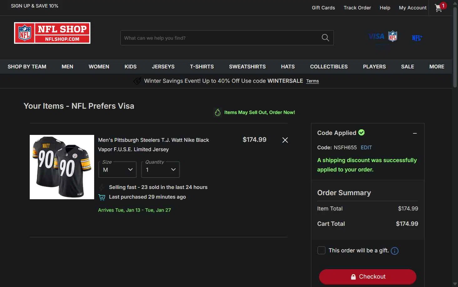 Pittsburgh Steelers checkout page showing Pittsburgh Steelers promo code box | Screenshot taken by SimplyCodes community member on Dec 27, 2025