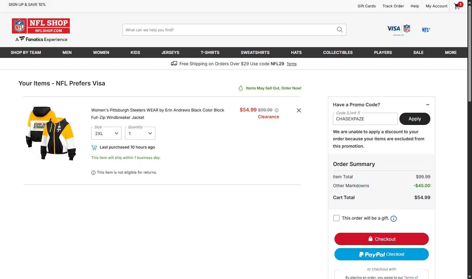 Pittsburgh Steelers checkout page showing Pittsburgh Steelers promo code box | Screenshot taken by SimplyCodes community member on Jan 11, 2026