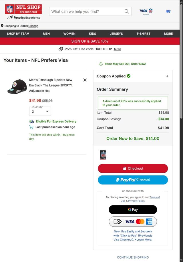 Pittsburgh Steelers checkout page showing Pittsburgh Steelers promo code box | Screenshot taken by SimplyCodes community member on Oct 3, 2025