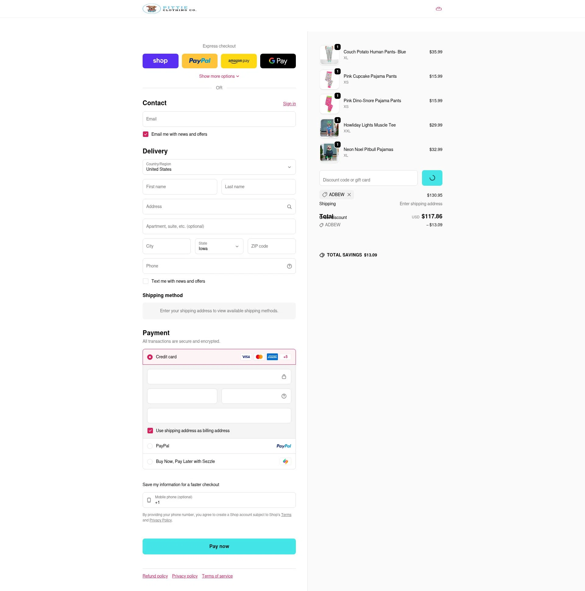 Pittie Clothing checkout page showing Pittie Clothing discount code box | Screenshot taken by SimplyCodes community member on Feb 3, 2026