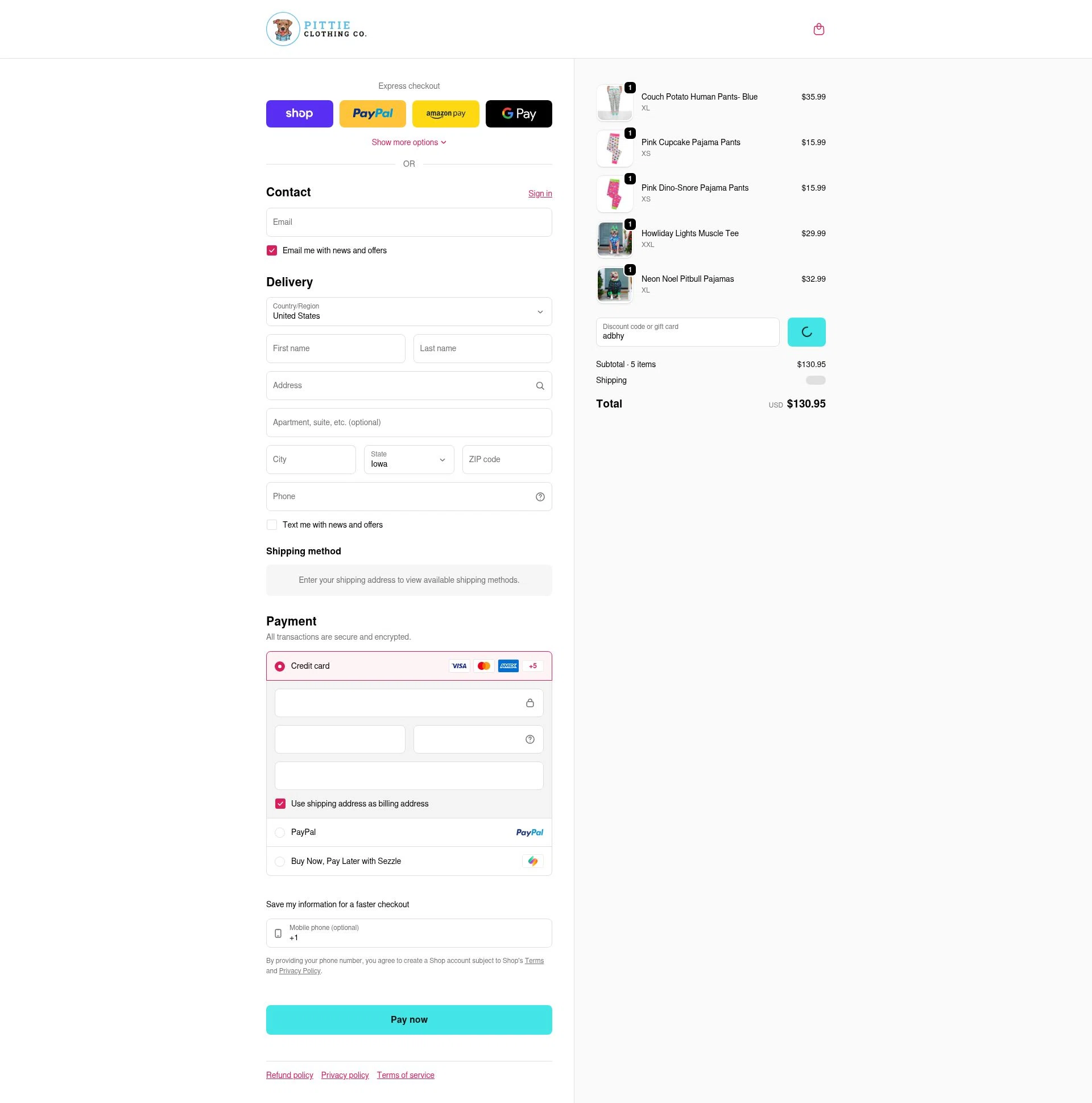 Pittie Clothing checkout page showing Pittie Clothing discount code box | Screenshot taken by SimplyCodes community member on Feb 3, 2026