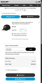 Pittsburgh Penguins Shop coupon verification screenshot