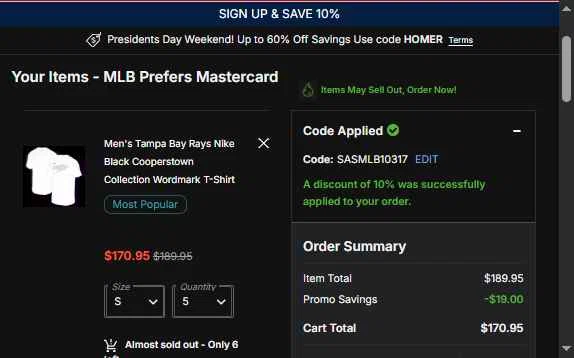 Pittsburgh Pirates checkout page showing Pittsburgh Pirates promo code box | Screenshot taken by SimplyCodes community member on Feb 14, 2026