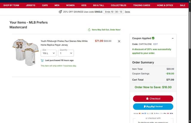 Pittsburgh Pirates checkout page showing Pittsburgh Pirates promo code box | Screenshot taken by SimplyCodes community member on Sep 29, 2025