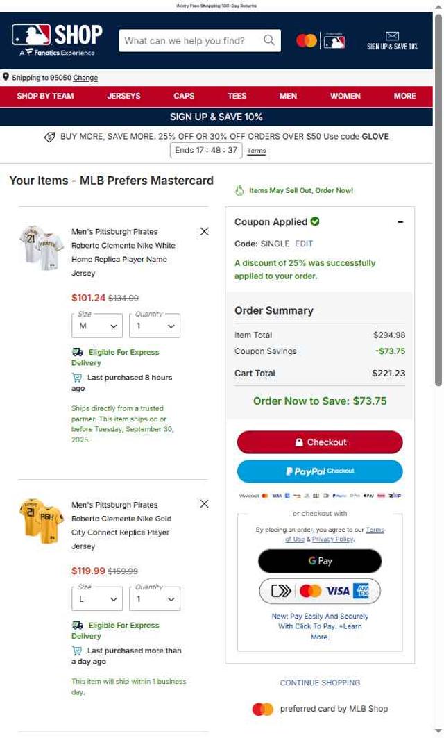 Pittsburgh Pirates checkout page showing Pittsburgh Pirates promo code box | Screenshot taken by SimplyCodes community member on Sep 30, 2025