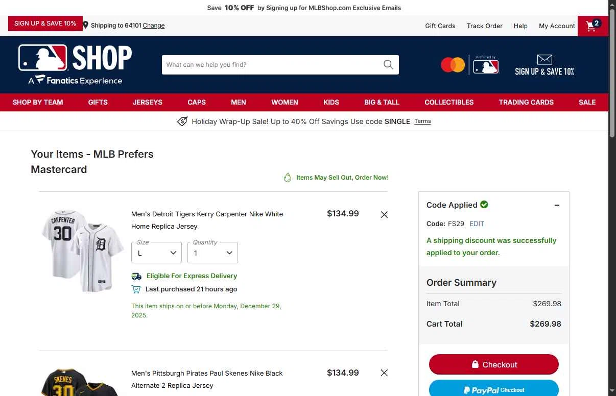 Pittsburgh Pirates checkout page showing Pittsburgh Pirates promo code box | Screenshot taken by SimplyCodes community member on Dec 29, 2025