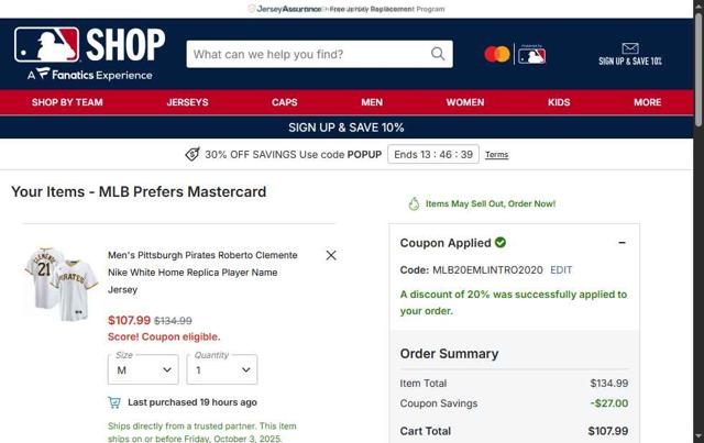 Pittsburgh Pirates checkout page showing Pittsburgh Pirates promo code box | Screenshot taken by SimplyCodes community member on Oct 3, 2025