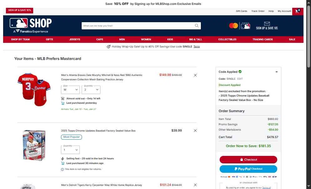 Pittsburgh Pirates checkout page showing Pittsburgh Pirates promo code box | Screenshot taken by SimplyCodes community member on Dec 28, 2025