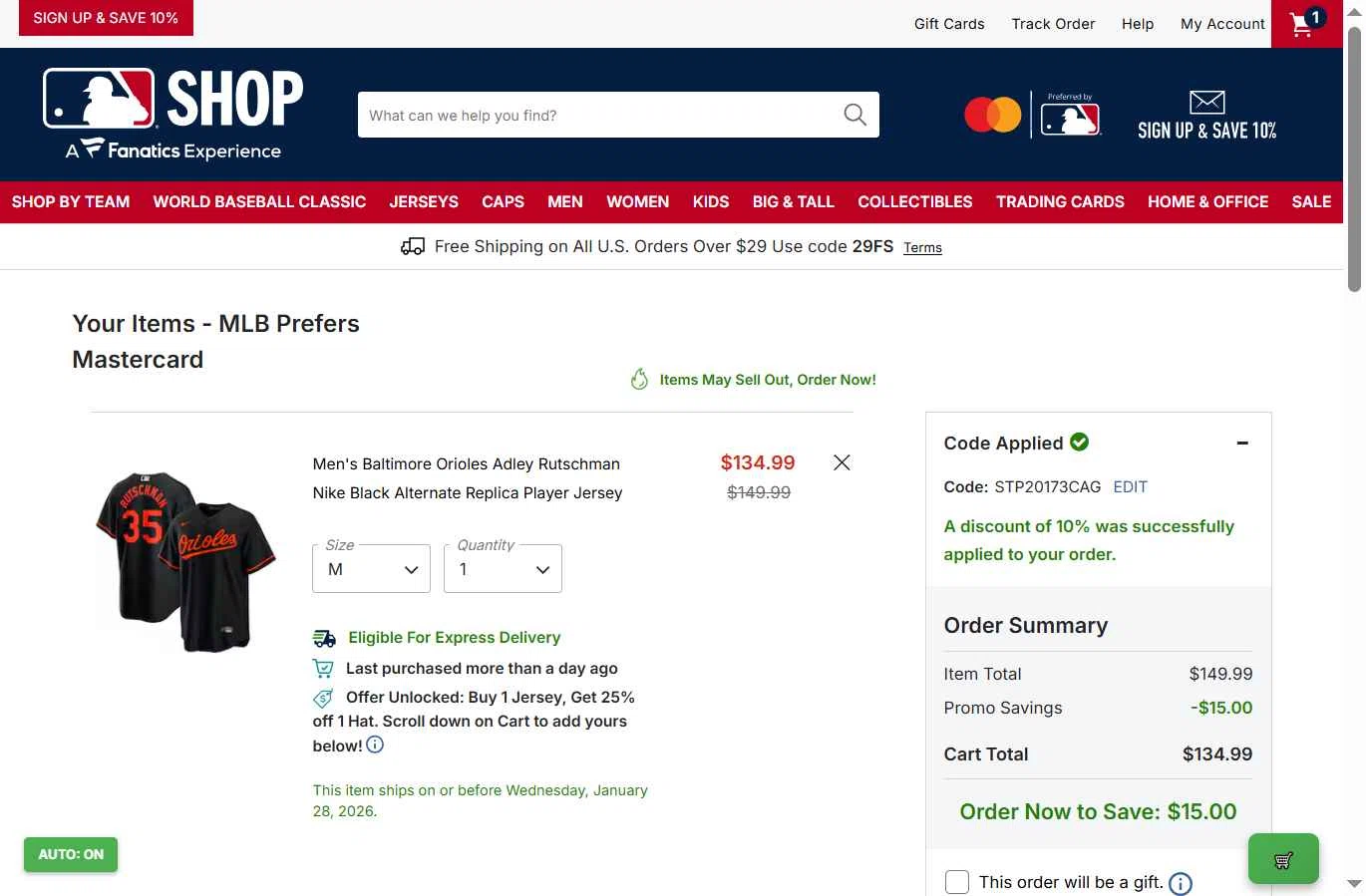 Pittsburgh Pirates checkout page showing Pittsburgh Pirates promo code box | Screenshot taken by SimplyCodes community member on Jan 27, 2026