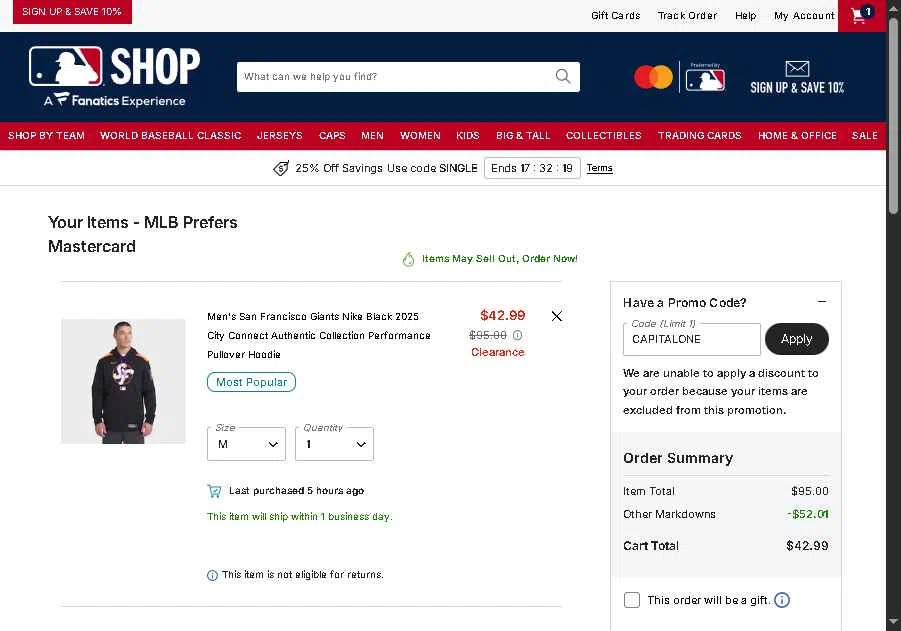 Pittsburgh Pirates checkout page showing Pittsburgh Pirates promo code box | Screenshot taken by SimplyCodes community member on Feb 24, 2026