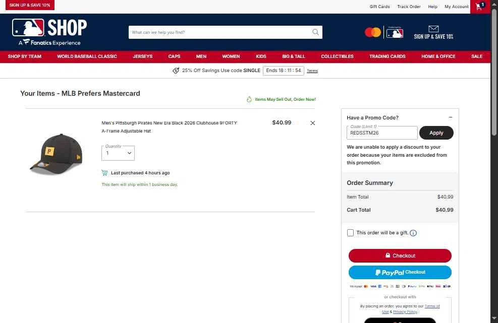 Pittsburgh Pirates checkout page showing Pittsburgh Pirates promo code box | Screenshot taken by SimplyCodes community member on Feb 24, 2026