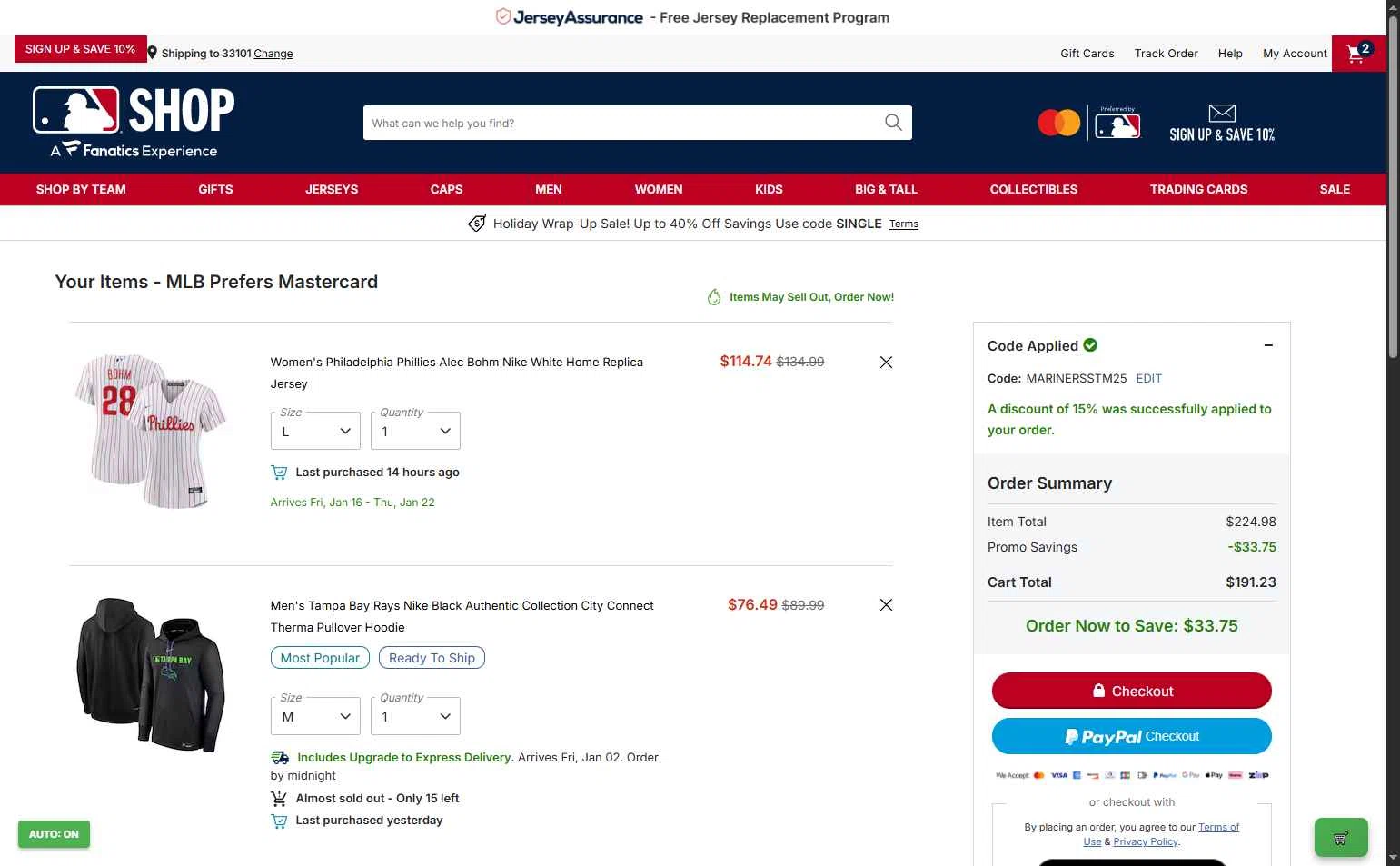 Pittsburgh Pirates checkout page showing Pittsburgh Pirates promo code box | Screenshot taken by SimplyCodes community member on Dec 27, 2025