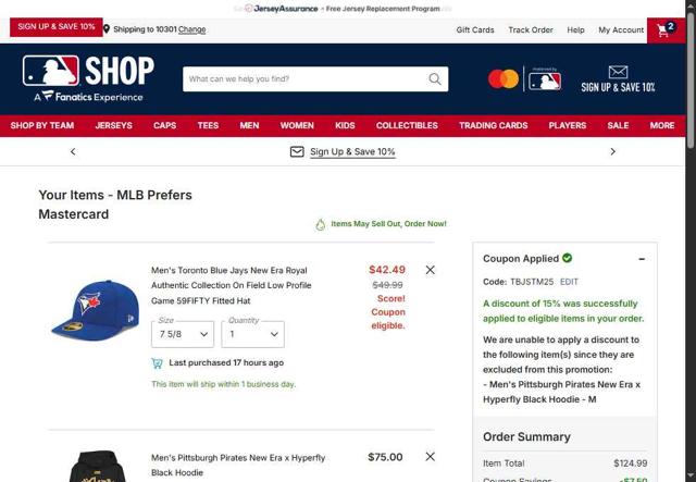 Pittsburgh Pirates checkout page showing Pittsburgh Pirates promo code box | Screenshot taken by SimplyCodes community member on Oct 2, 2025