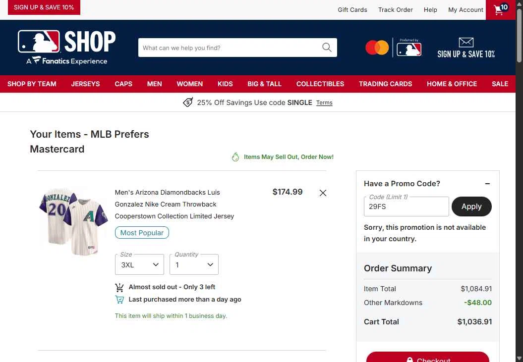 Pittsburgh Pirates checkout page showing Pittsburgh Pirates promo code box | Screenshot taken by SimplyCodes community member on Jan 15, 2026