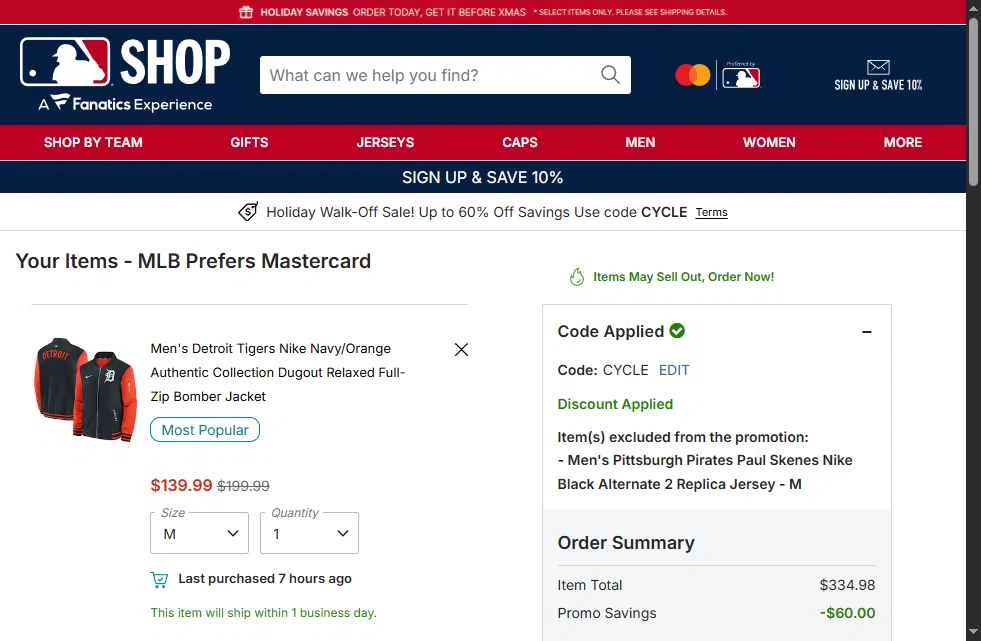 Pittsburgh Pirates checkout page showing Pittsburgh Pirates promo code box | Screenshot taken by SimplyCodes community member on Dec 19, 2025