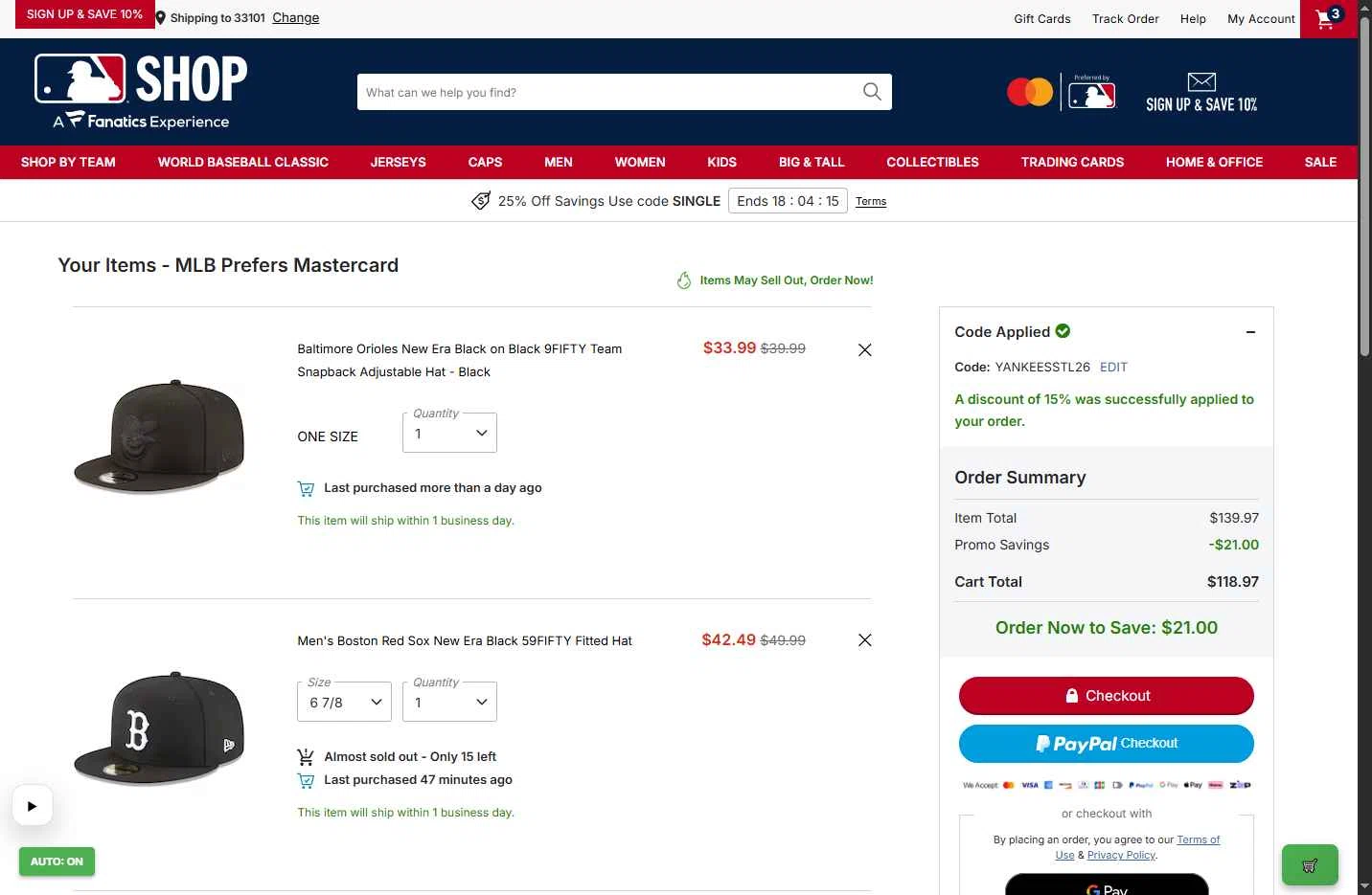 Pittsburgh Pirates checkout page showing Pittsburgh Pirates promo code box | Screenshot taken by SimplyCodes community member on Feb 24, 2026