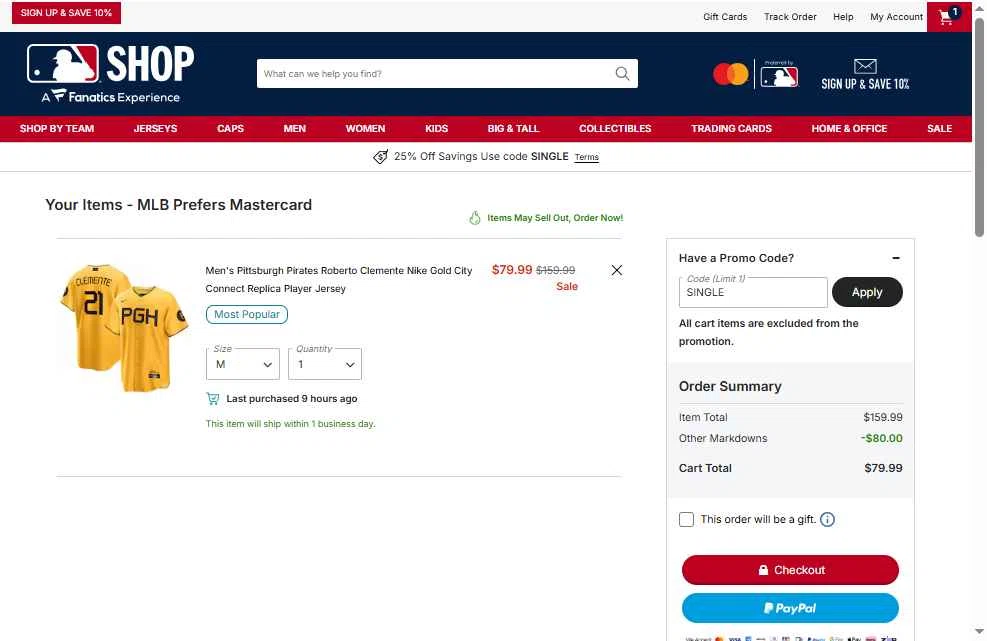 Pittsburgh Pirates checkout page showing Pittsburgh Pirates promo code box | Screenshot taken by SimplyCodes community member on Jan 15, 2026