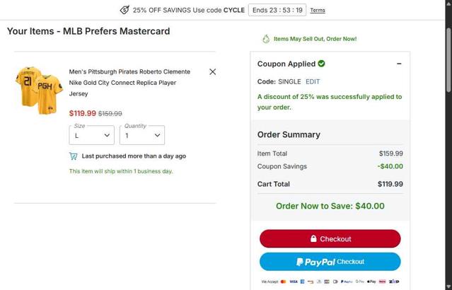 Pittsburgh Pirates checkout page showing Pittsburgh Pirates promo code box | Screenshot taken by SimplyCodes community member on Sep 10, 2025
