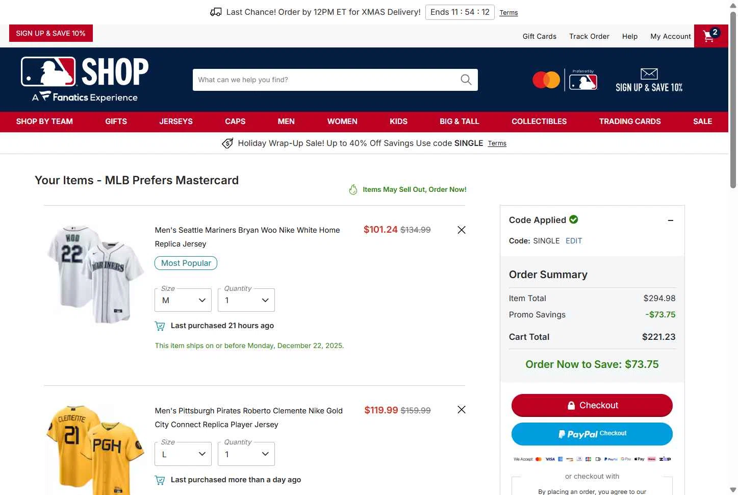 Pittsburgh Pirates checkout page showing Pittsburgh Pirates promo code box | Screenshot taken by SimplyCodes community member on Dec 22, 2025