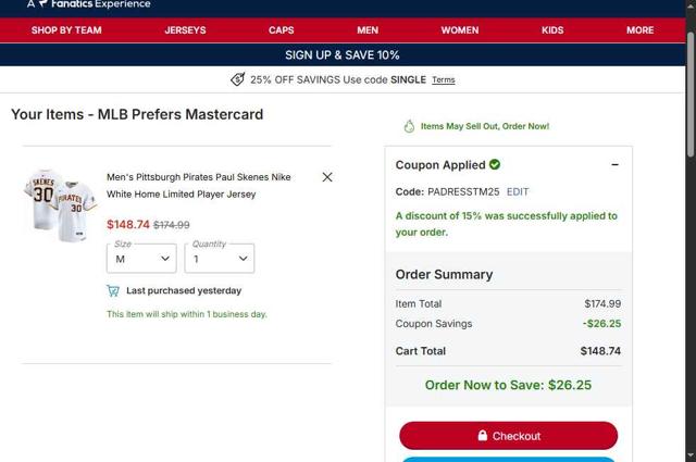 Pittsburgh Pirates checkout page showing Pittsburgh Pirates promo code box | Screenshot taken by SimplyCodes community member on Oct 5, 2025