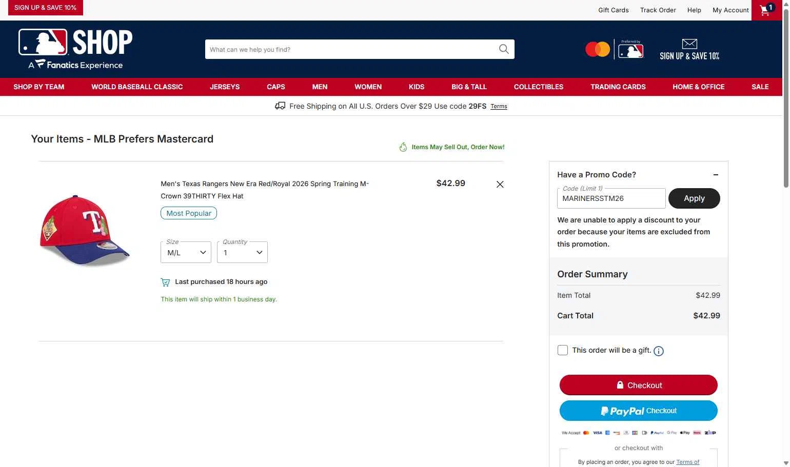 Pittsburgh Pirates checkout page showing Pittsburgh Pirates promo code box | Screenshot taken by SimplyCodes community member on Feb 22, 2026