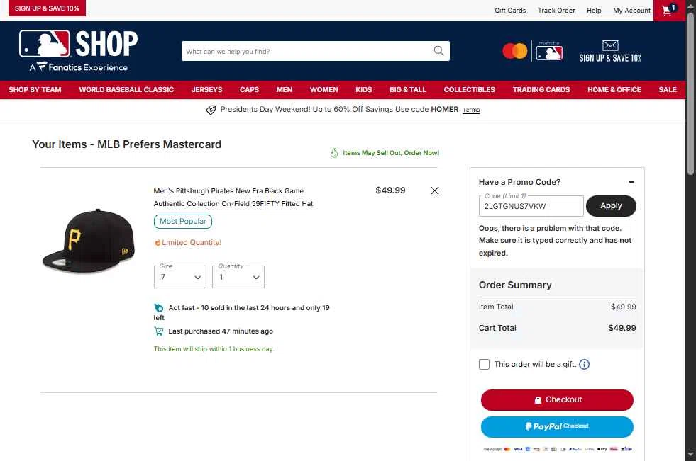 Pittsburgh Pirates checkout page showing Pittsburgh Pirates promo code box | Screenshot taken by SimplyCodes community member on Feb 13, 2026