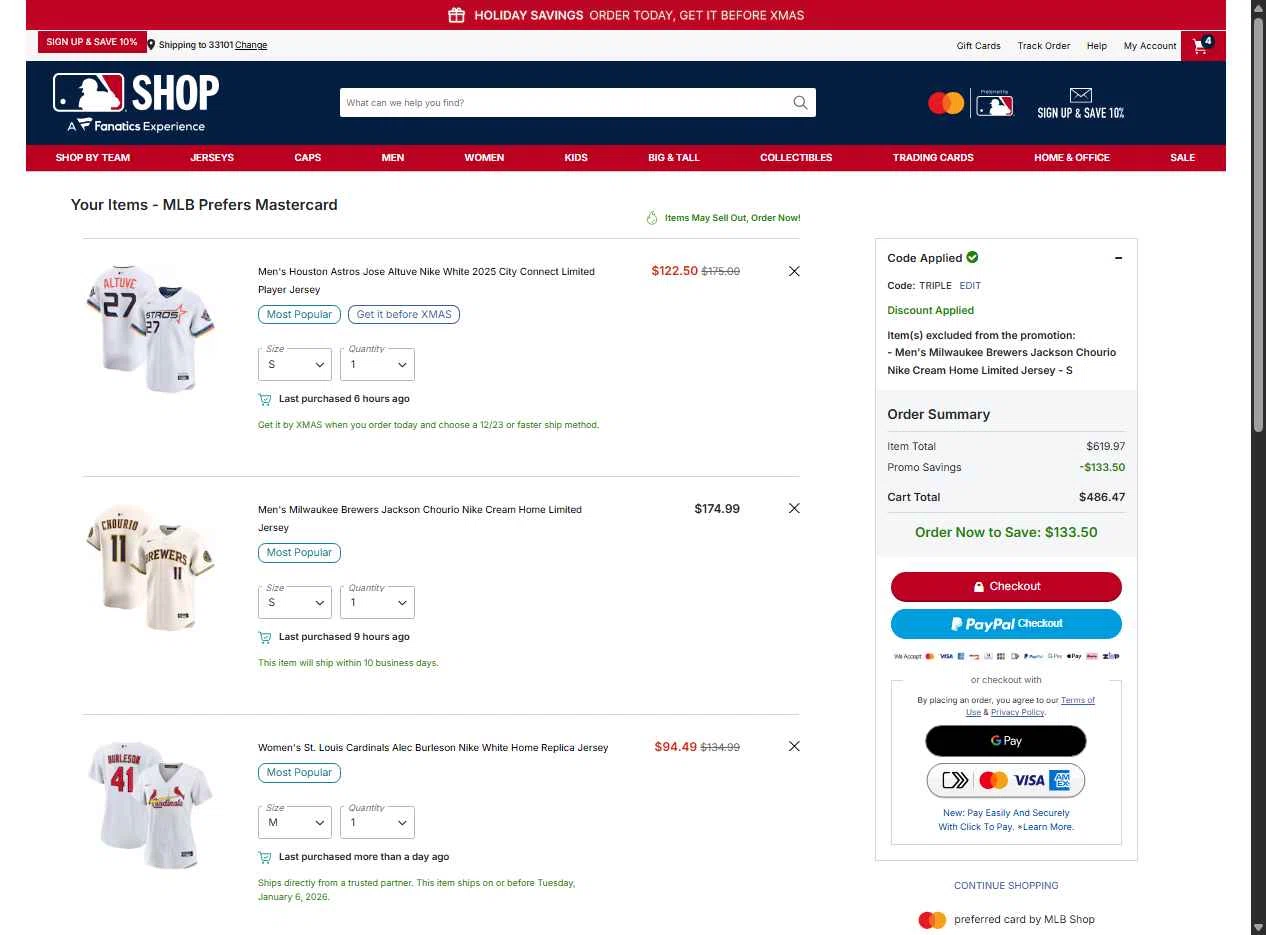 Pittsburgh Pirates checkout page showing Pittsburgh Pirates promo code box | Screenshot taken by SimplyCodes community member on Dec 17, 2025
